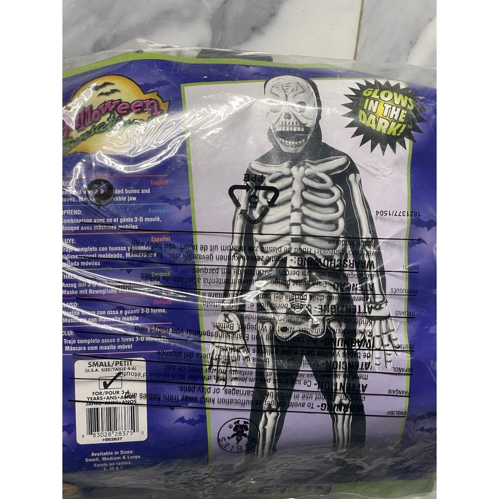 3-D Skeleton Glow In The Dark Halloween Costume Size Petite Small 4-6